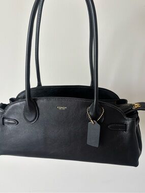 Coach Black Leather Double-Handle Tote with Gold Accent